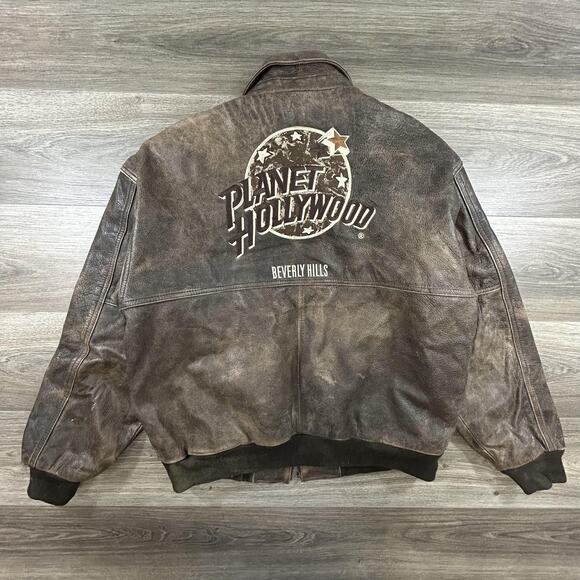 Vintage Planet Hollywood Jacket Mens Large Beverly Hills Leather Bomber 90s - Picture 1 of 9